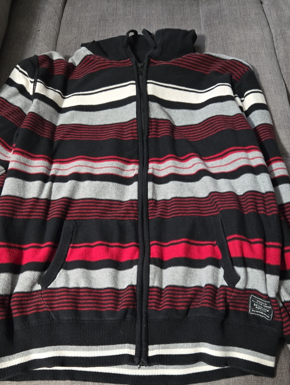 Men's Striped Zip-Up Sweater Hoodie - Black, Gray & Red
